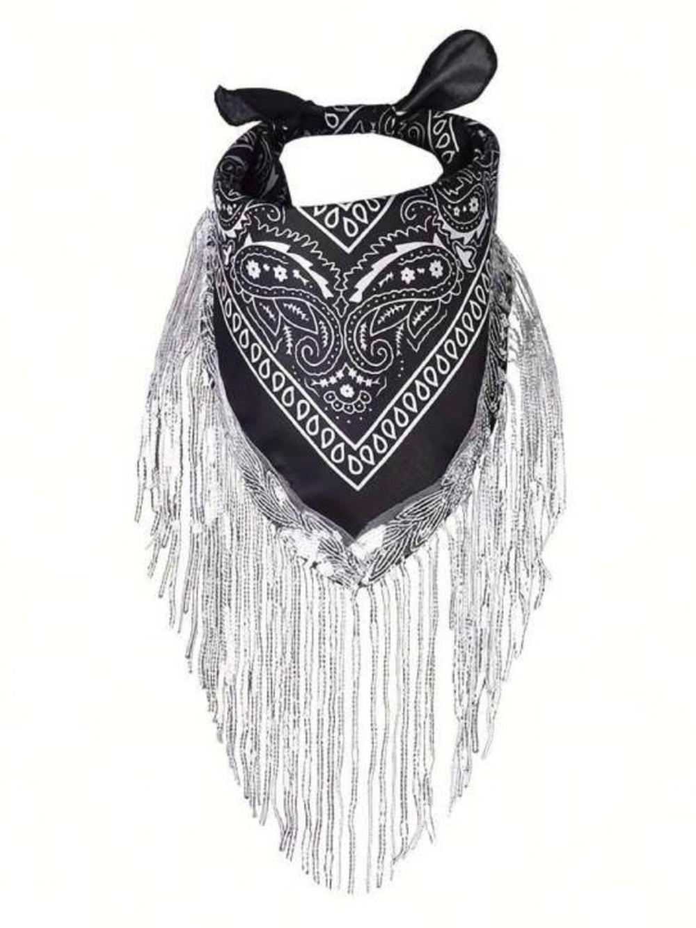 Black Paisley Bandana Scarf with Silver Fringe - Women Accessories